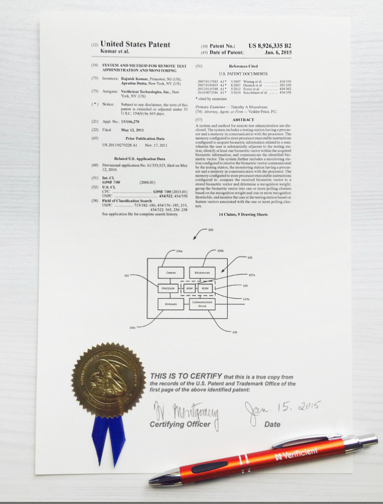 Verificient Technologies Inc., receives their automated remote proctoring software patent, to continuously verify the identity of online test takers and bring integrity to the online credential.